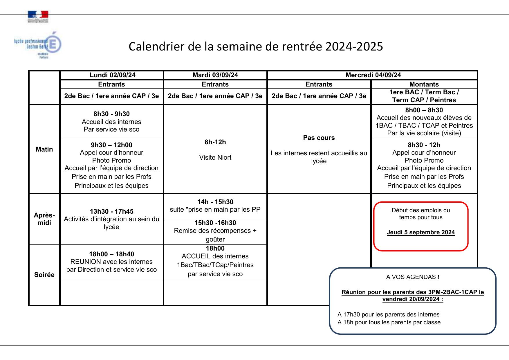 Calendrier rentrée 2024